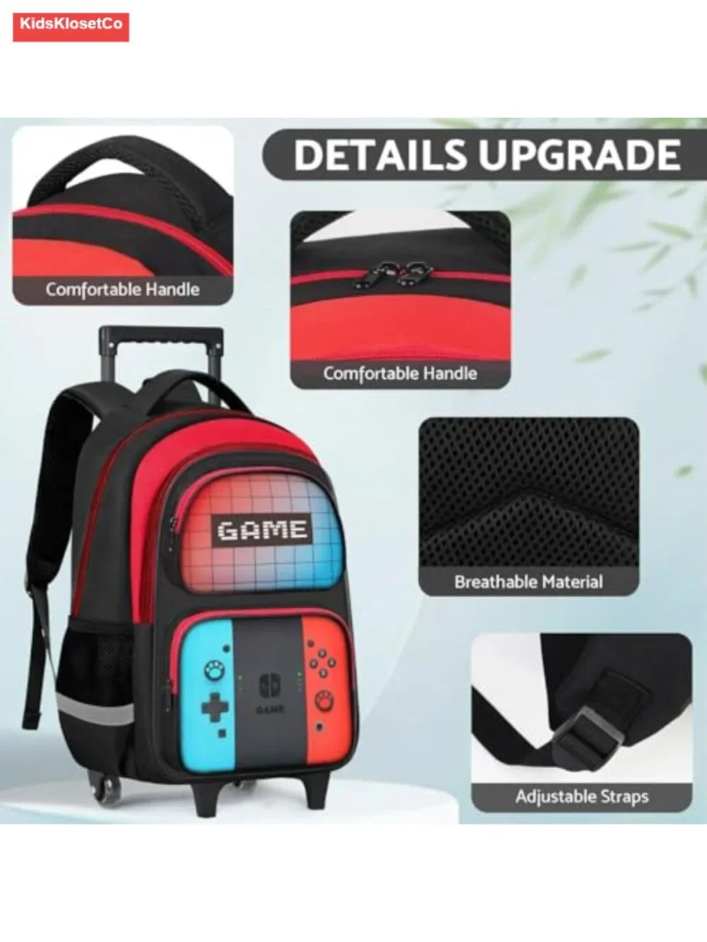 Kids Rolling Backpack with Wheels for Boys, Game Print Wheeled School Bag,